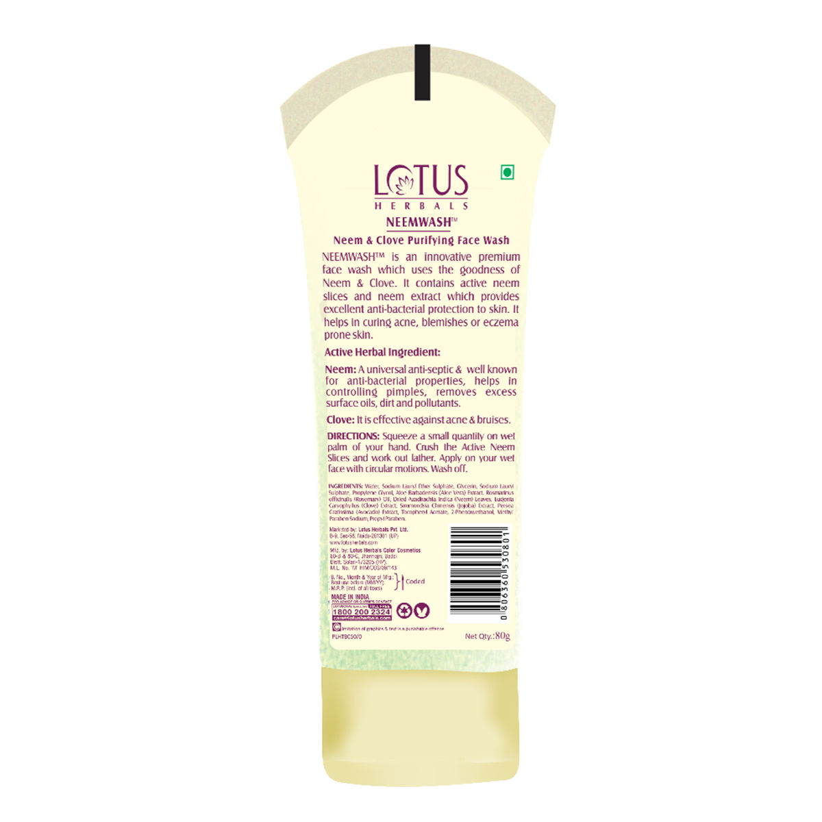 Lotus Herbals Neemwash Neem & Clove Purifying Face Wash, 80 gm, Pack of 1 