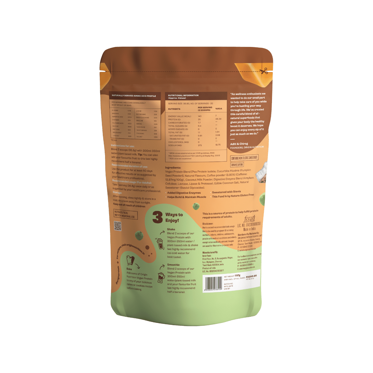 Origin Nutrition 100% Natural Vegan Protein  Coffee Caramel Flavour Powder, 737 gm, Pack of 1 