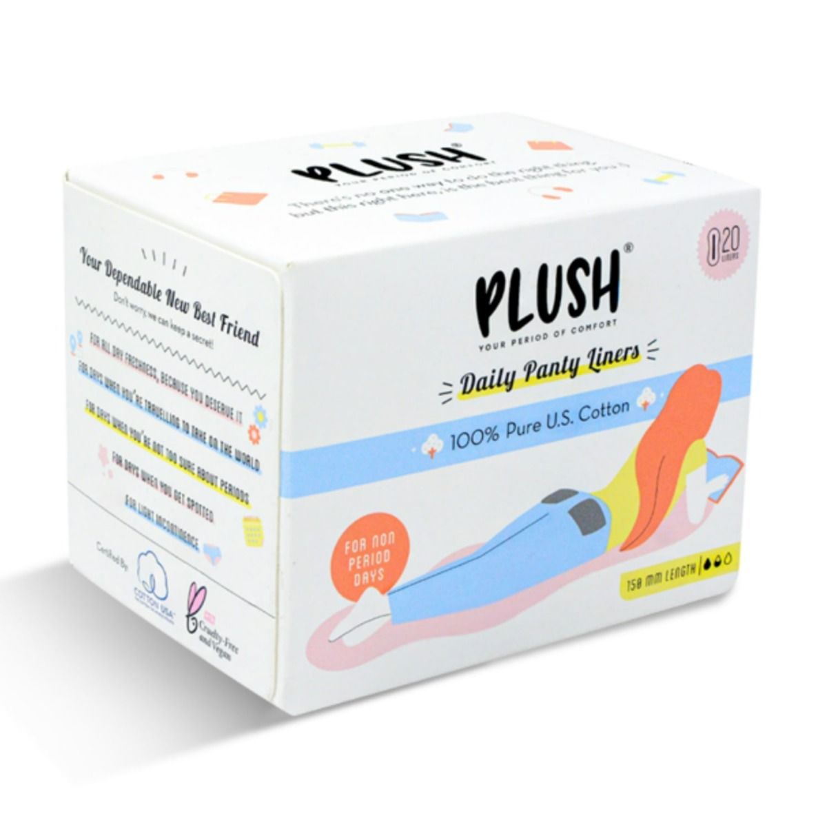 Buy Plush 100% U.S Pure Cotton 158 mm Daily Panty Liners,  20 Count Online