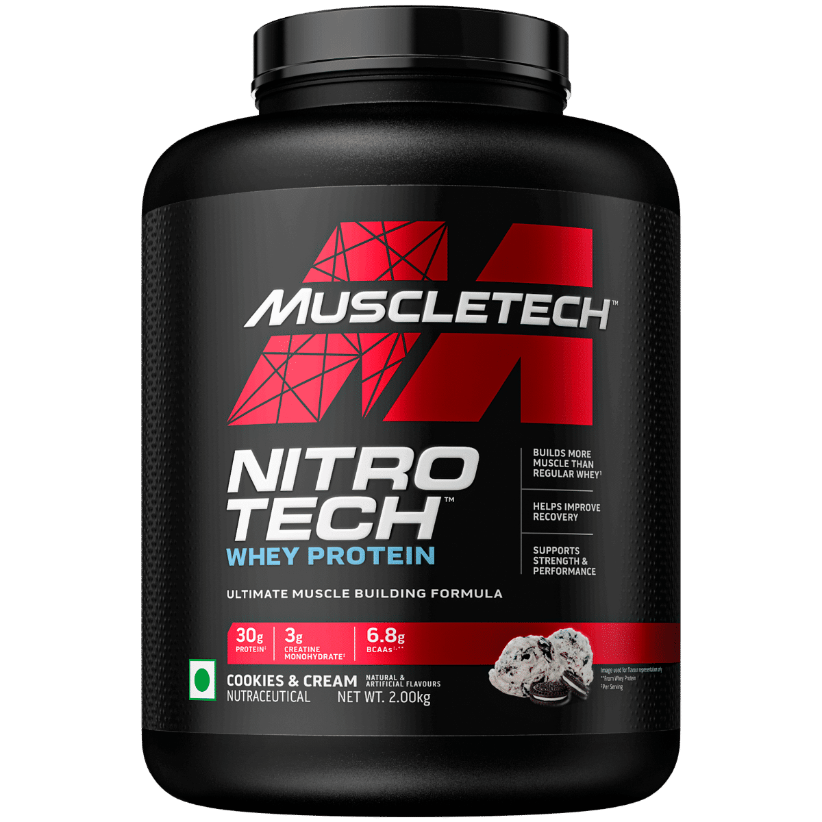 Muscletech Nitrotech Whey Protein Cookies & Cream Flavour Powder, 2 kg, Pack of 1 