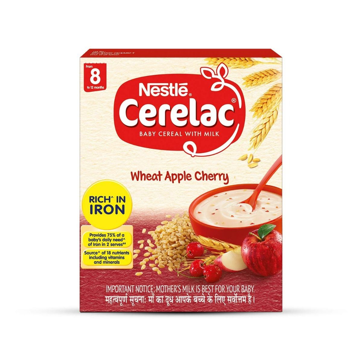 Nestle Cerelac Wheat Apple Cherry Baby Cereal, 8 to 12 Months, 300 gm Refill Pack, Pack of 1 