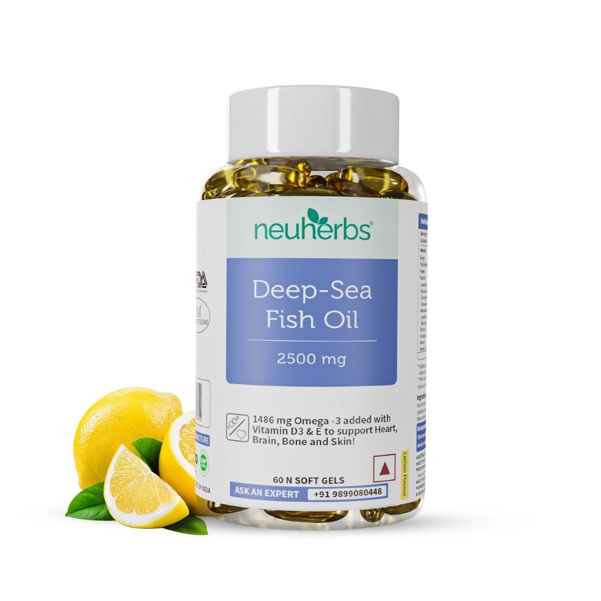 Neuherbs Deep-Sea Fish Oil 2500 mg Lemon Flavour, 60 Softgels, Pack of 1 