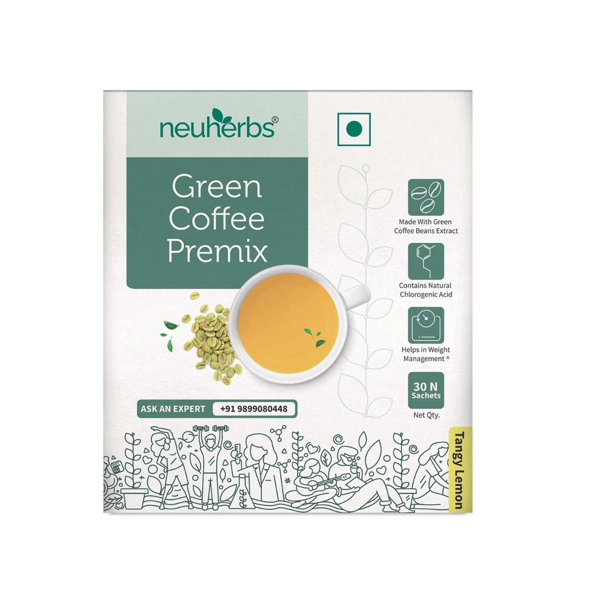 Neuherbs Instant Green Coffee Premix Tangy Lemon Flavour Powder, 30 Sachets, Pack of 1 