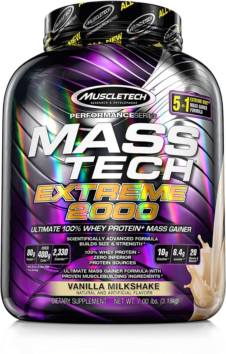 Muscletech Performance Series Mass Tech Extreme 2000 Vanilla Milkshake Flavour Powder, 7 lb, Pack of 1 