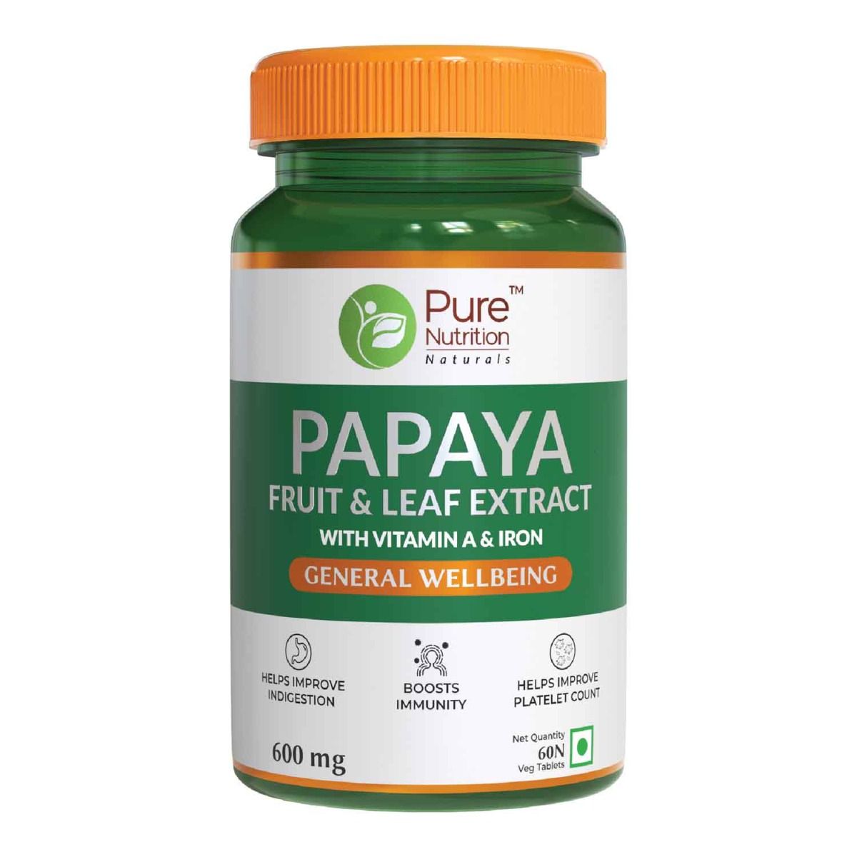 Pure Nutrition Papaya Fruit & Leaf Extract 600 mg, 60 Tablets Price