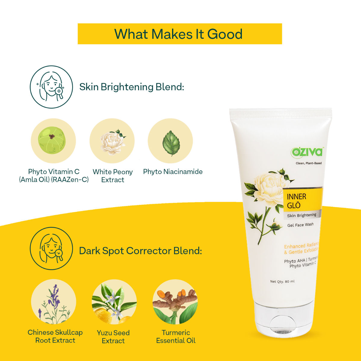 OZiva Inner Glo Skin Brightening Gel Face Wash, 80 ml, Pack of 1 