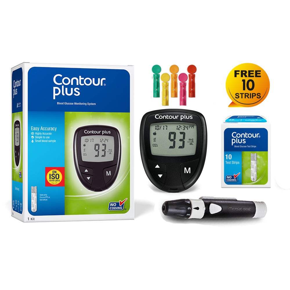 Buy Contour Plus Blood Glucose Monitoring System With 10 Free Strips, 1 Kit Online