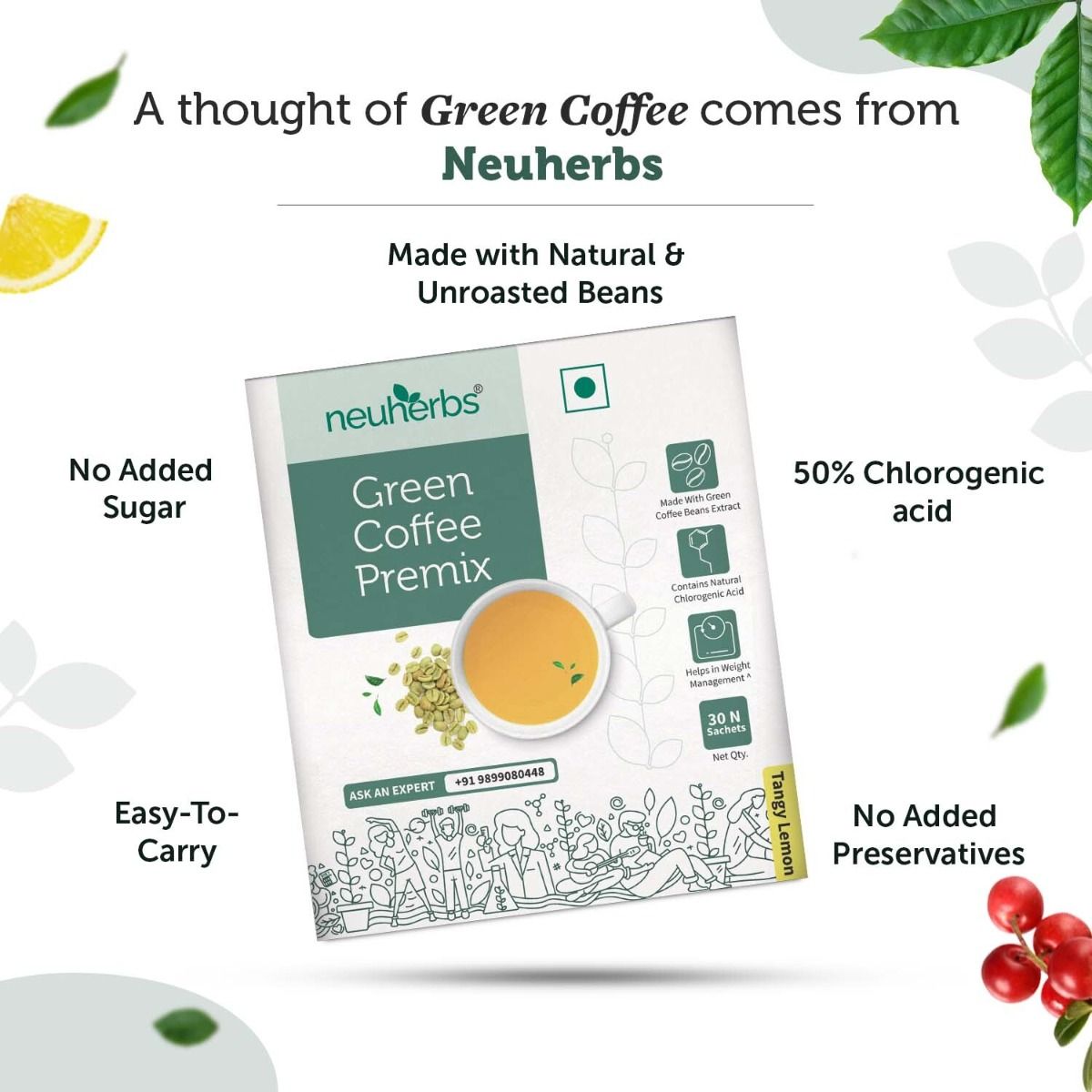 Neuherbs Instant Green Coffee Premix Tangy Lemon Flavour Powder, 30 Sachets, Pack of 1 