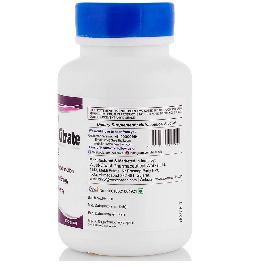 Healthvit Potassium Citrate 99 mg, 60 Capsules Price, Uses, Side