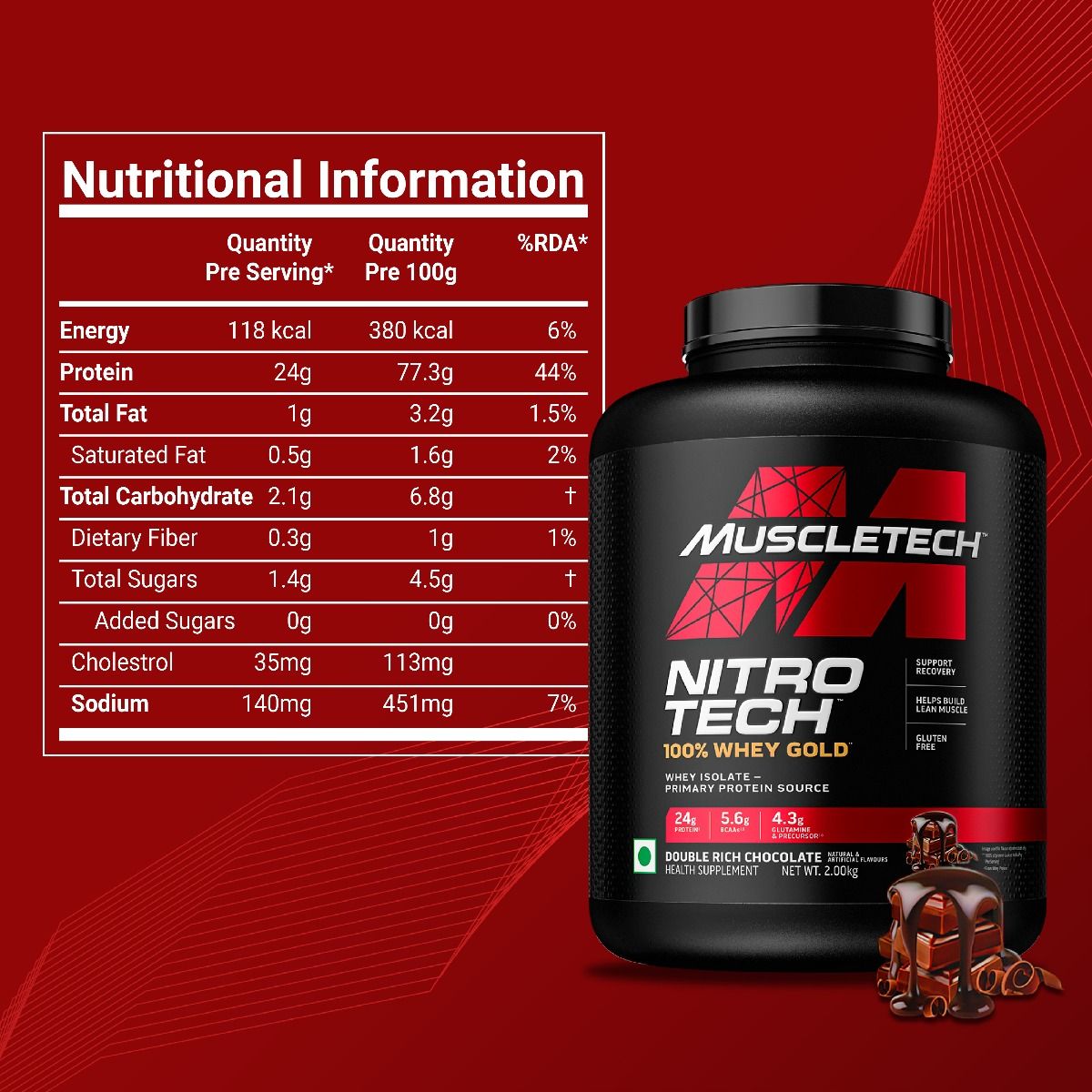 MuscleTech Nitrotech 100% Whey Gold Double Rich Chocolate Flavour Powder, 2 kg, Pack of 1 