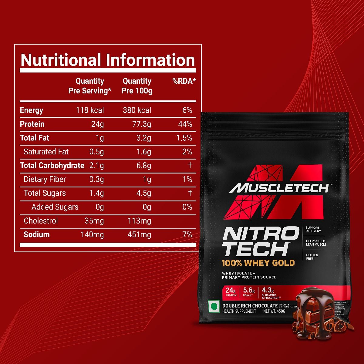 MuscleTech Nitrotech 100% Whey Gold Double Rich Chocolate Flavour Powder, 450 gm, Pack of 1 