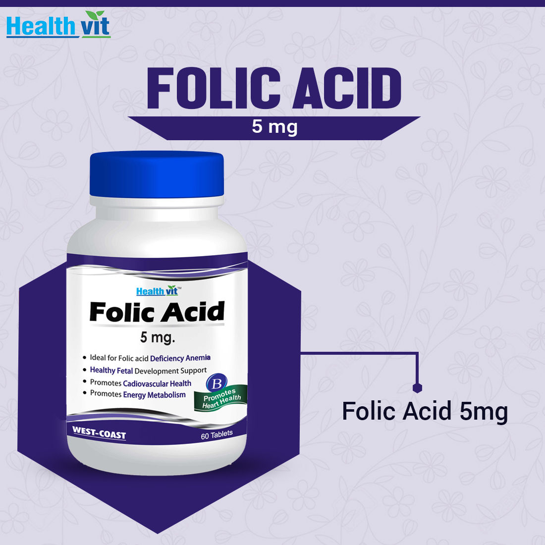 Healthvit Folic Acid 5 mg, 60 Tablets, Pack of 1 
