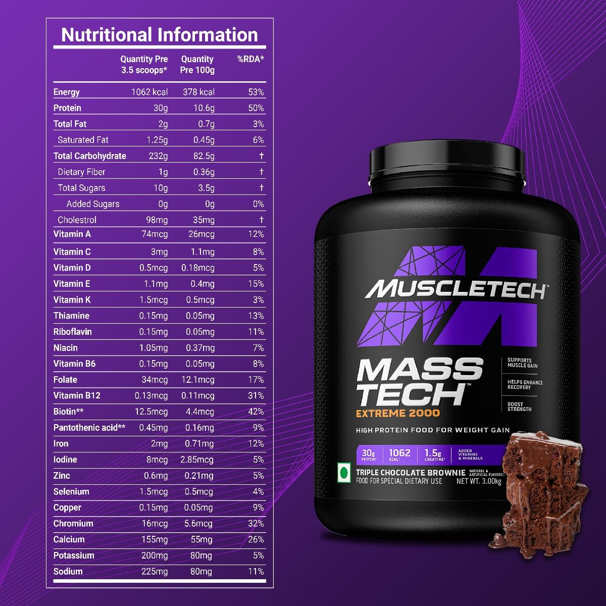 Muscletech Mass Tech Extreme 2000 Triple Chocolate Brownie Flavour Powder, 3 kg, Pack of 1 