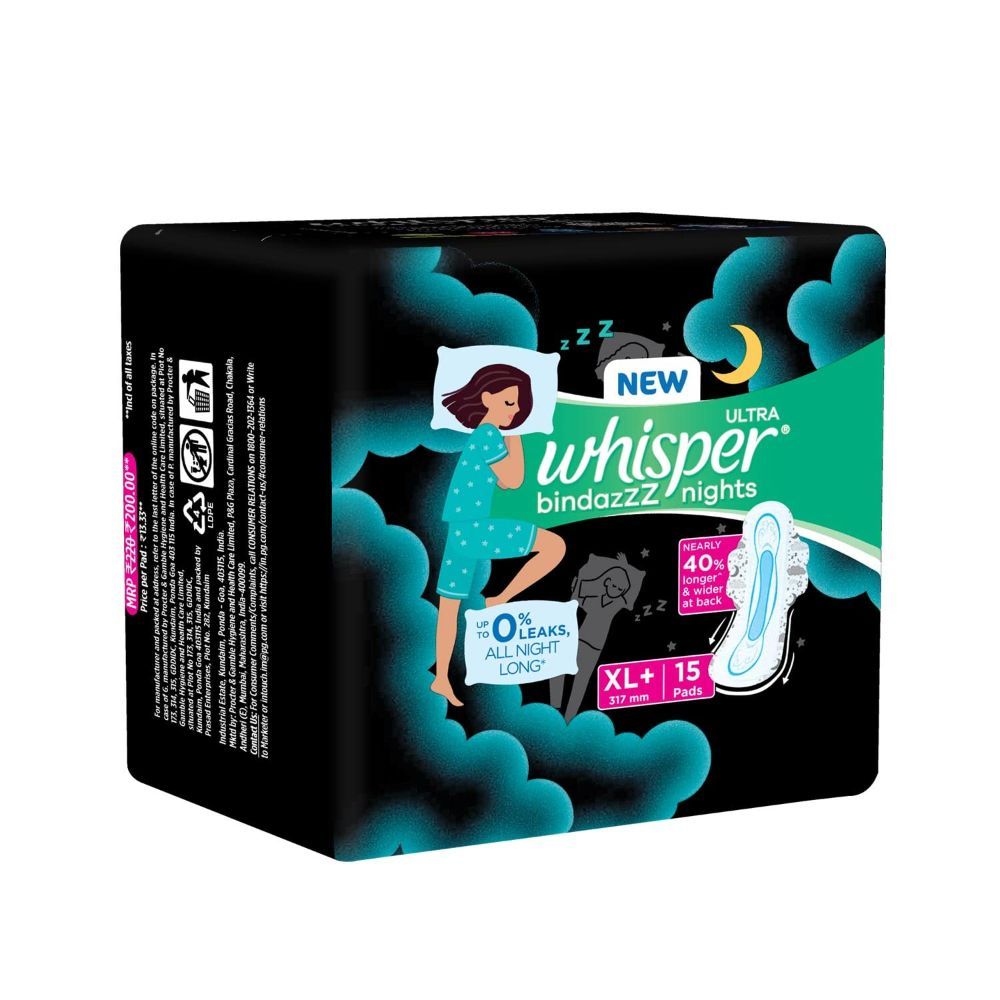 Whisper Ultra Bindazzz Nights Sanitary Pads XL+, 15 Count, Pack of 1 