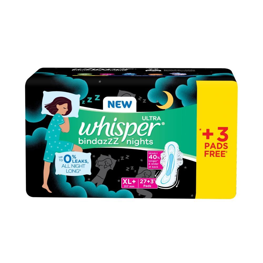 Whisper Ultra Bindazz Nights Sanitary Pads XL+, 30 Count, Pack of 1 