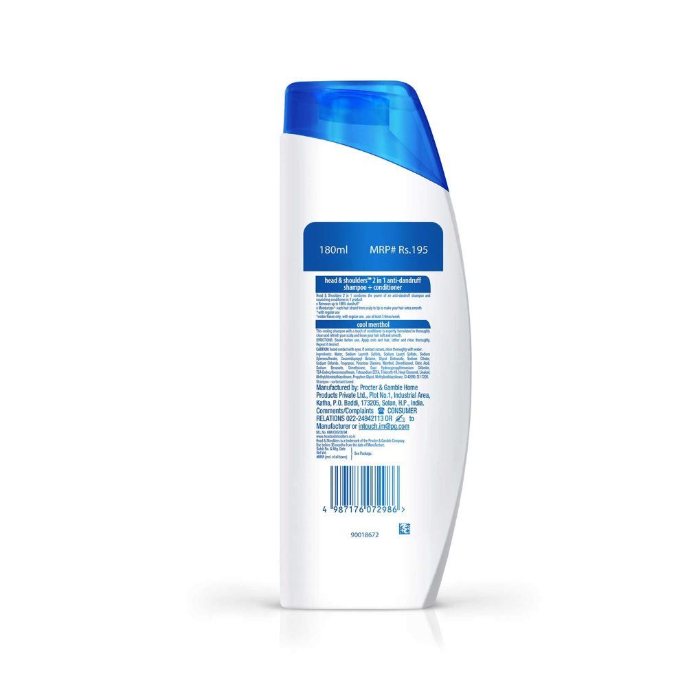 Head & Shoulders 2 in 1 Cool Menthol Anti-Dandruff Shampoo + Conditioner, 180 ml, Pack of 1 