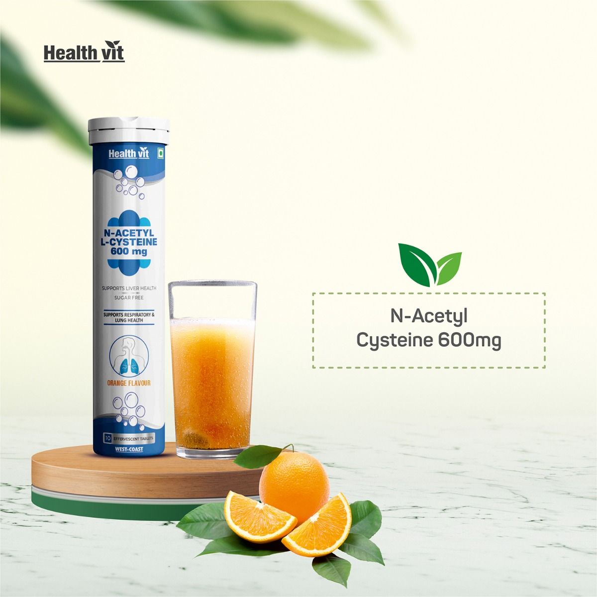 Healthvit N-Acetyl L-Cysteine 600 mg Sugar Free Orange Flavour Effervescent, 10 Tablets, Pack of 1 