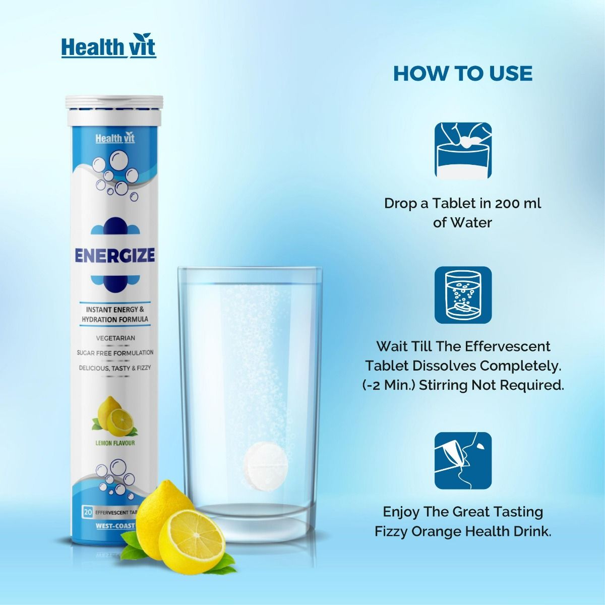 Healthvit Energize Instant Energy & Hydration Formula Lemon Flavour Effervescent, 20 Tablets, Pack of 1 