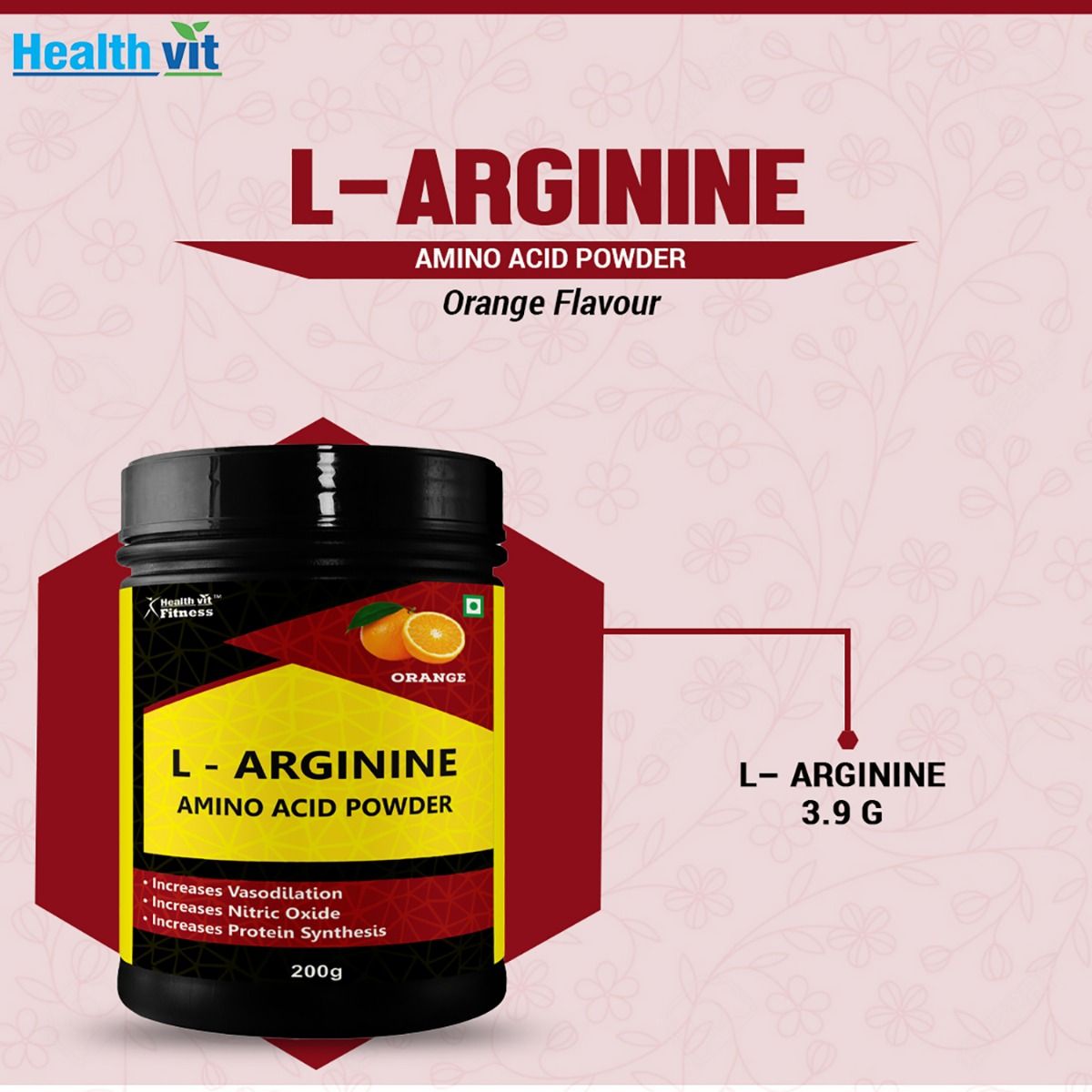 Healthvit Fitness L-Arginine Amino Acid Orange Flavour Powder, 200 gm, Pack of 1 