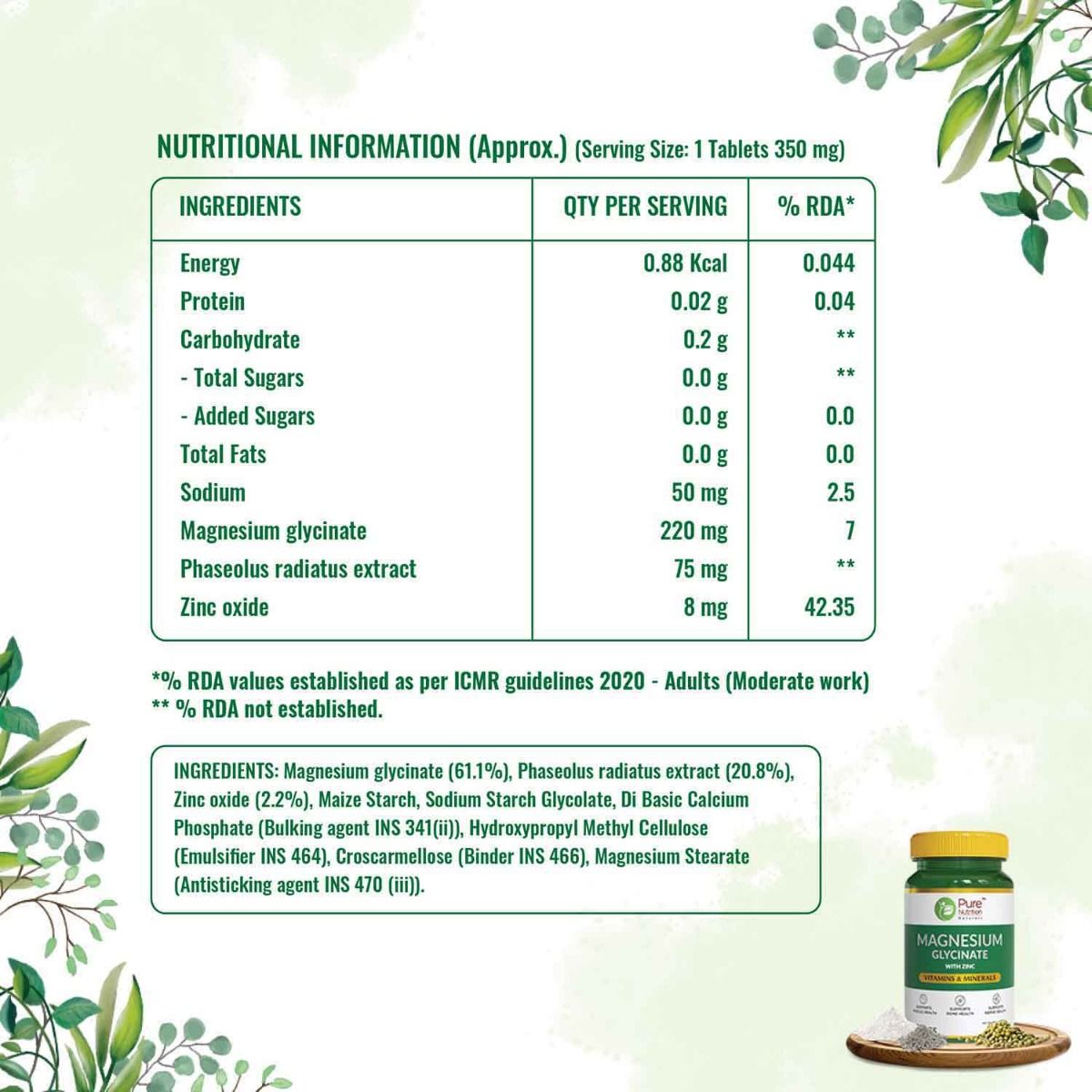 Pure Nutrition Magnesium Glycinate with Zinc 350 mg, 60 Tablets Price