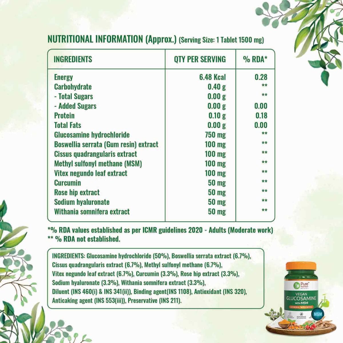 Pure Nutrition Vegan Glucosamine with MSM 1500 mg, 60 Tablets Price