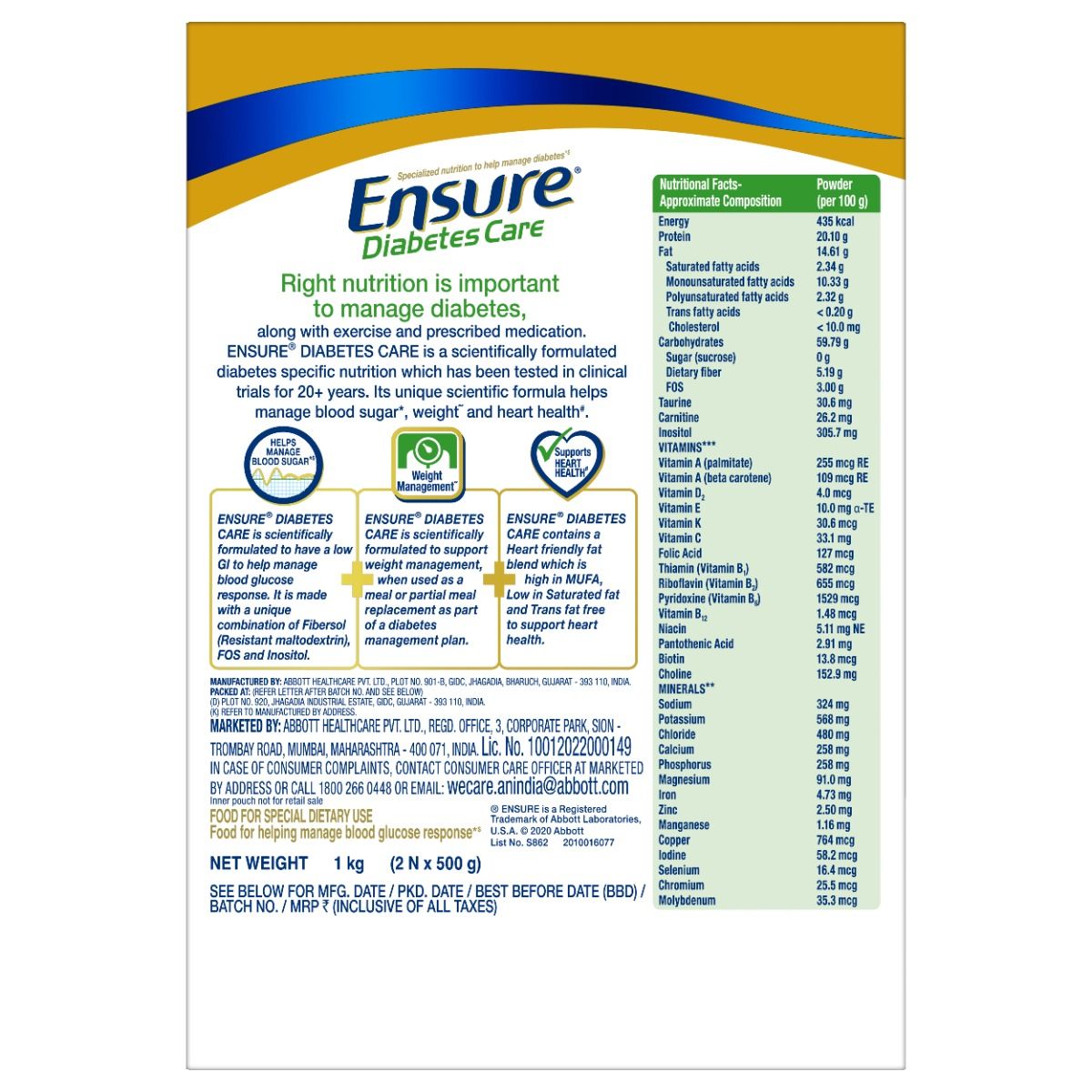 Ensure Diabetes Care Vanilla Delight Flavour Powder, 1 kg (2x500 gm) Refill Pack, Pack of 1 