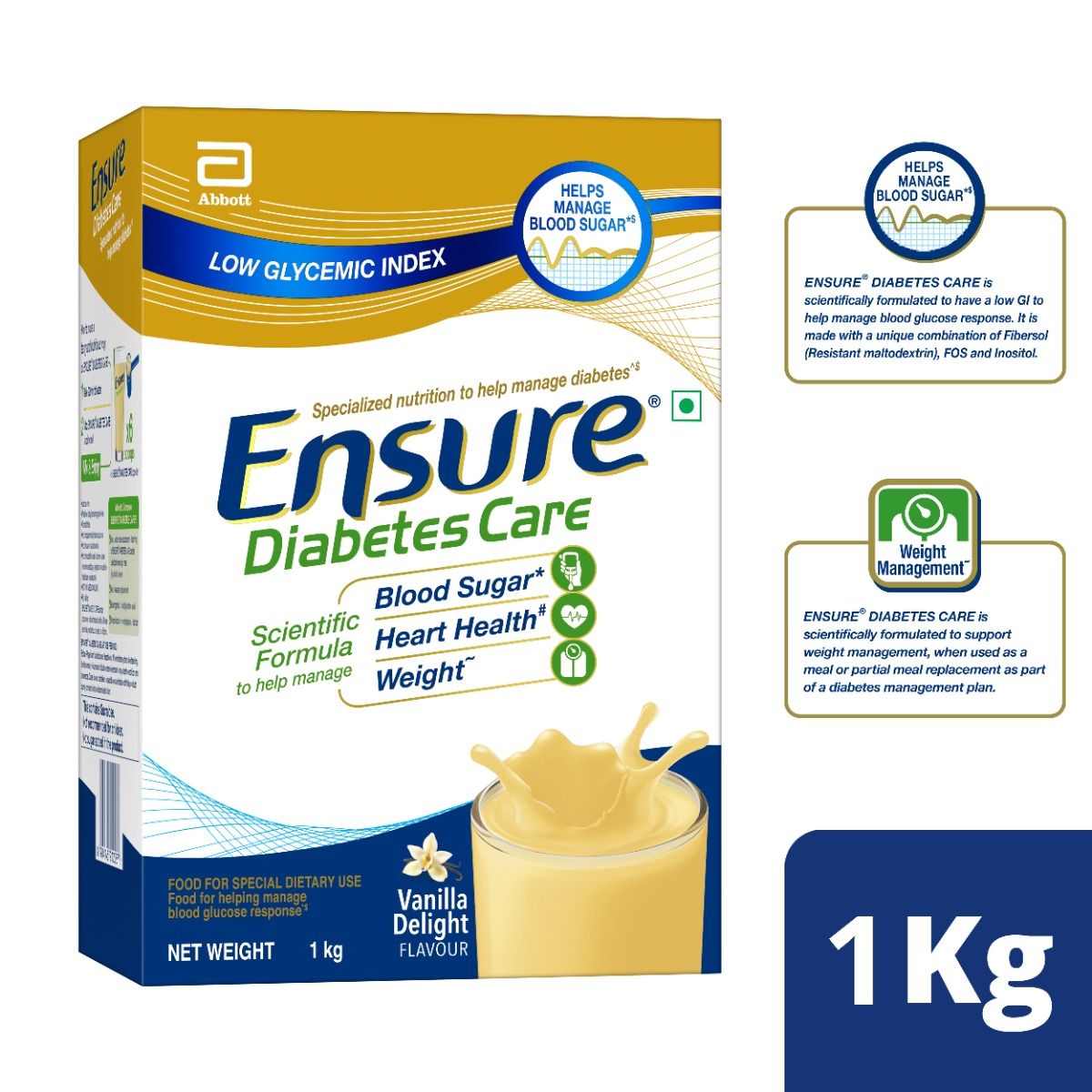 Ensure Diabetes Care Vanilla Delight Flavour Powder, 1 kg (2x500 gm) Refill Pack, Pack of 1 