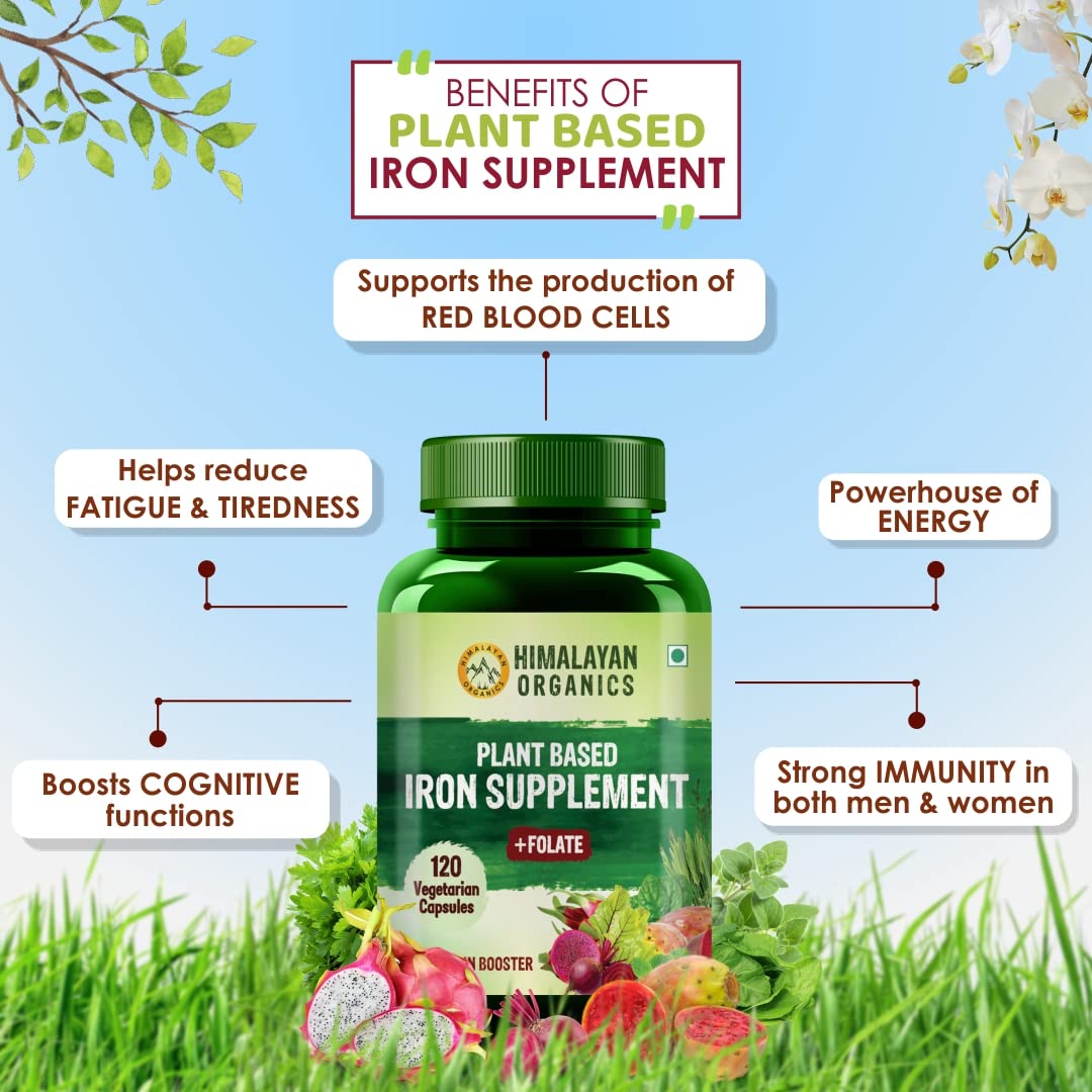 Himalayan Organics Plant Based Iron Supplement with Folate, 120 Capsules, Pack of 1 