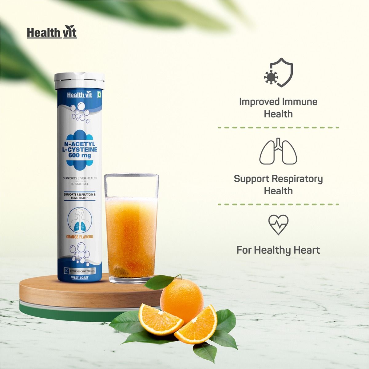 Healthvit N-Acetyl L-Cysteine 600 mg Sugar Free Orange Flavour Effervescent, 10 Tablets, Pack of 1 