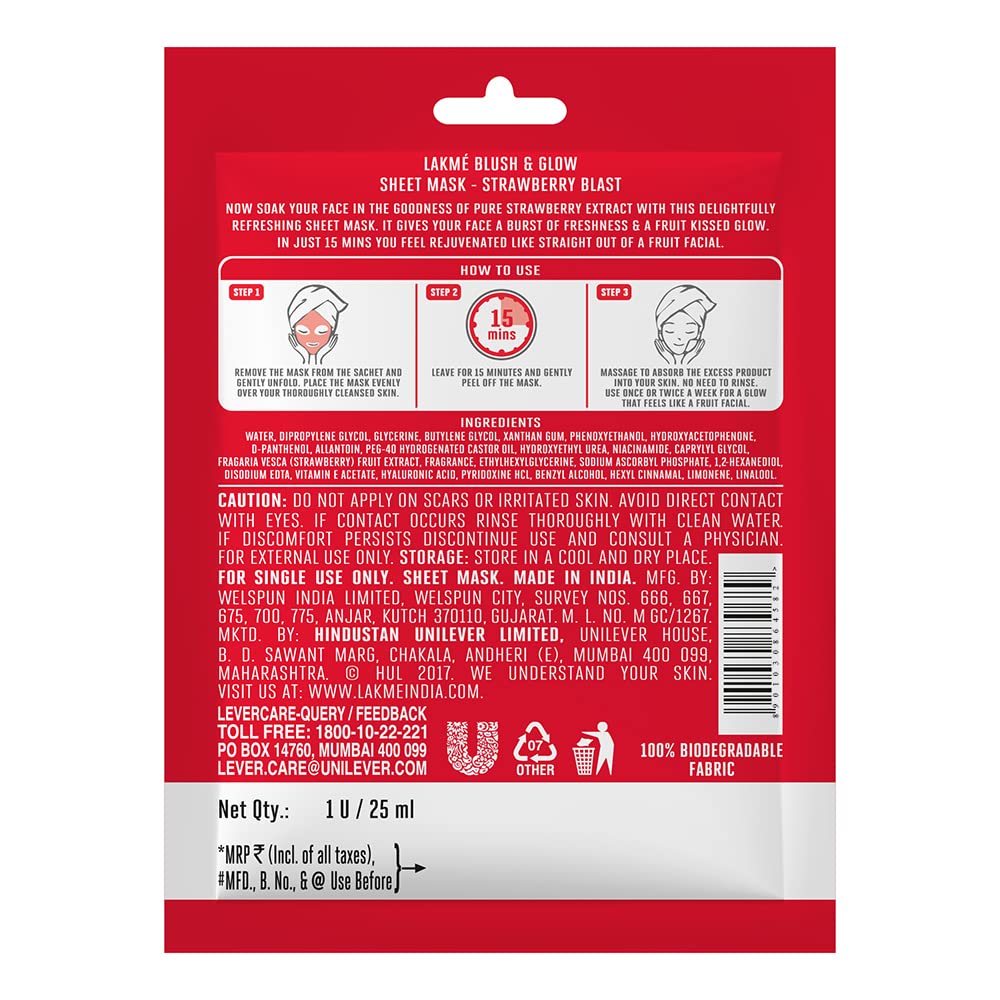 Lakme Blush & Glow Strawberry Sheet Mask, 50 ml (2 x 25 ml), Pack of 2 S