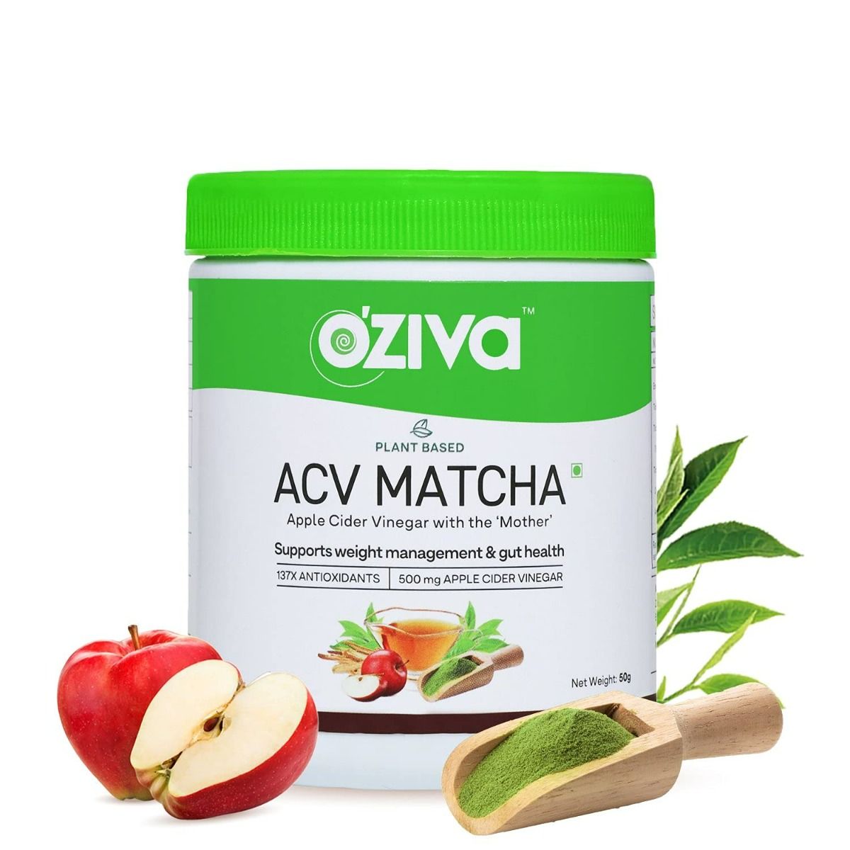 OZiva Plant Based ACV Matcha (Apple Cider Vinegar with Mother) Powder
