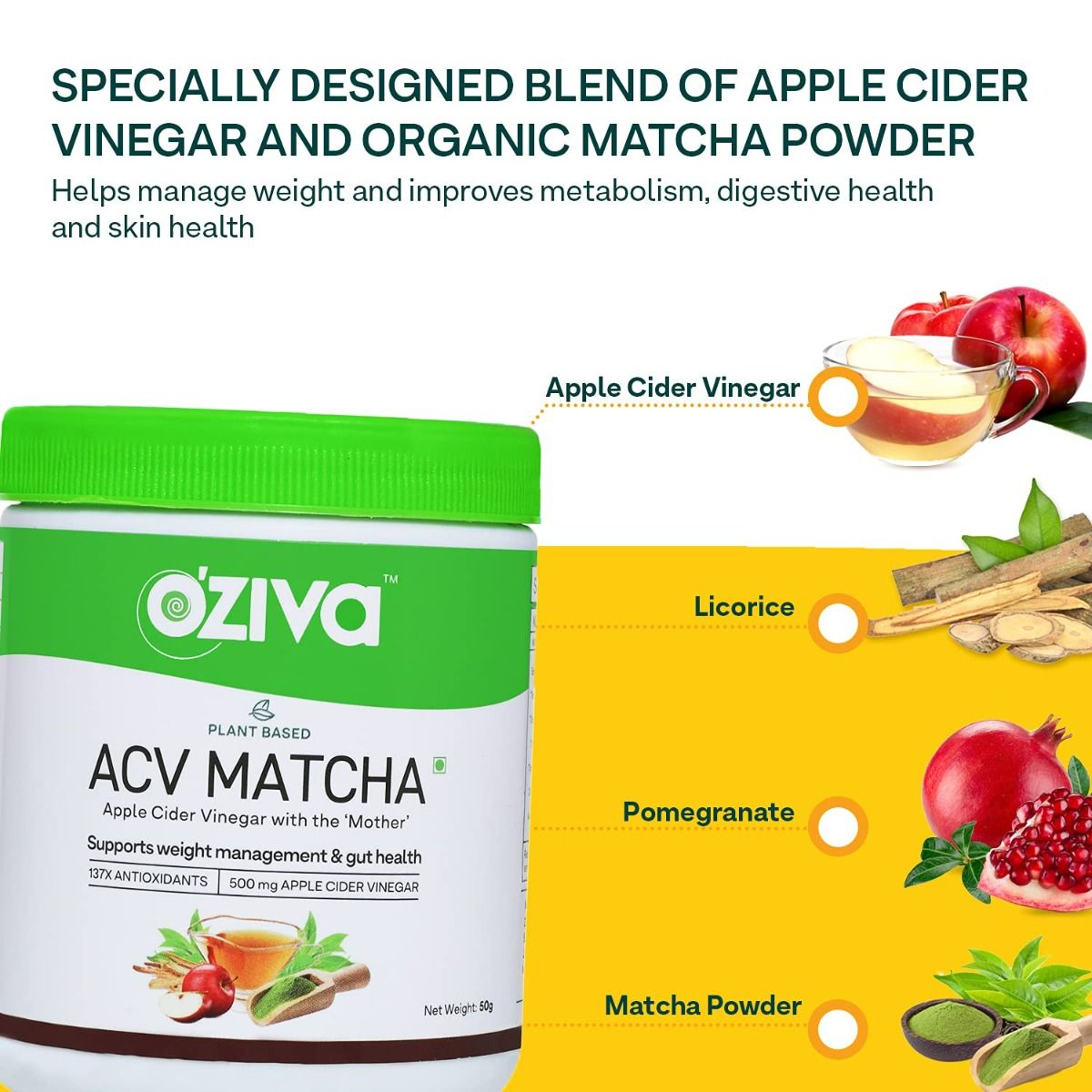 OZiva Plant Based ACV Matcha (Apple Cider Vinegar with Mother) Powder