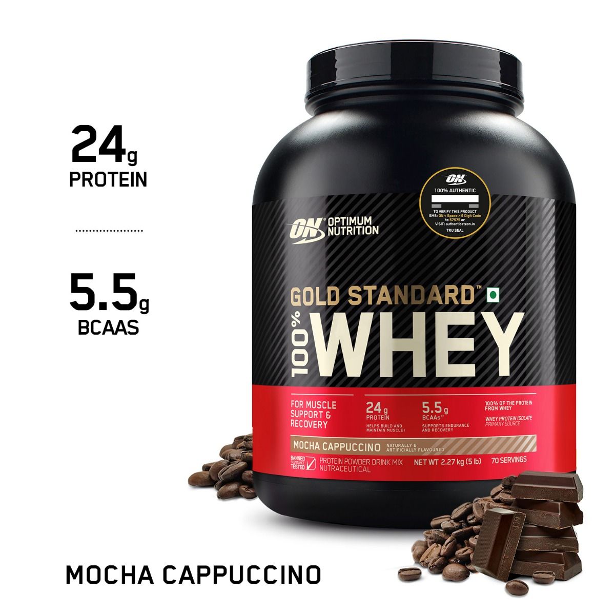 Optimum Nutrition (ON) Gold Standard 100% Whey Protein Mocha Cappuccino Flavour Powder, 5 lb, Pack of 1 
