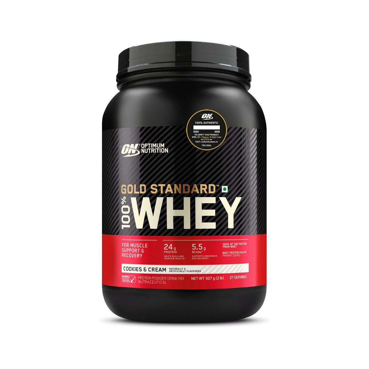 Optimum Nutrition (ON) Gold Standard 100% Whey Protein Cookies & Cream Flavour Powder, 2 lb, Pack of 1 