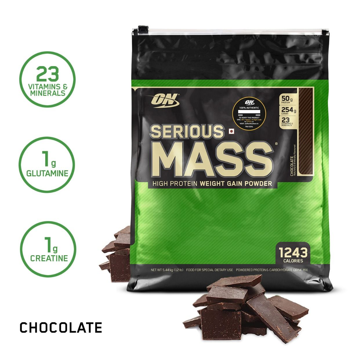 Optimum Nutrition (ON) Serious Mass High Protein Weight Gain Chocolate Flavour Powder, 12 lb, Pack of 1 
