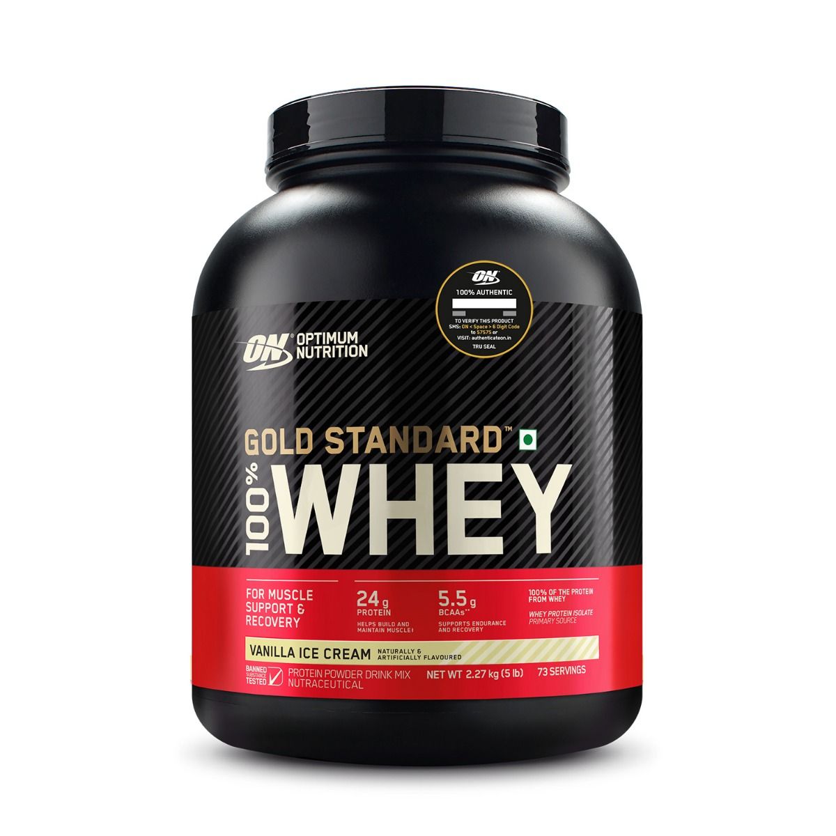 Optimum Nutrition (ON) Gold Standard 100% Whey Protein Vanilla Ice Cream Flavour Powder, 5 lb, Pack of 1 