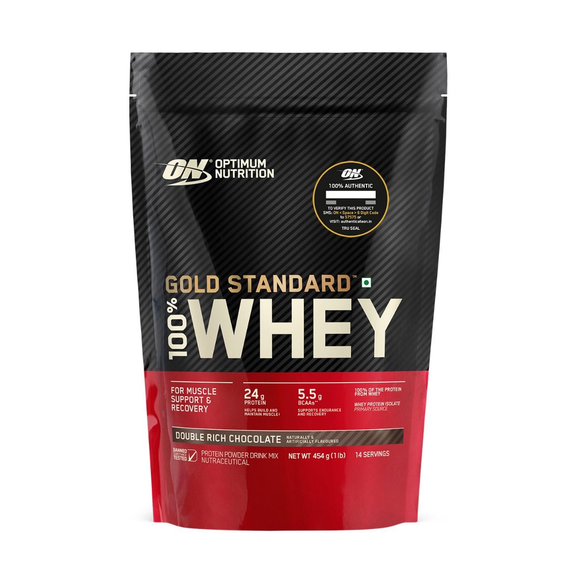 Optimum Nutrition (ON) Gold Standard 100% Whey Protein Double Rich Chocolate Flavour Powder, 1 lb, Pack of 1 