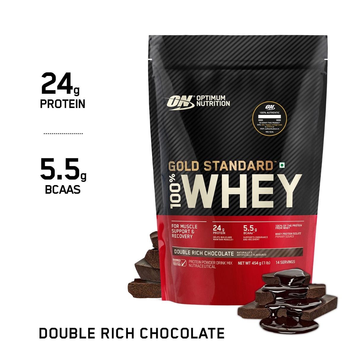 Optimum Nutrition (ON) Gold Standard 100% Whey Protein Double Rich Chocolate Flavour Powder, 1 lb, Pack of 1 