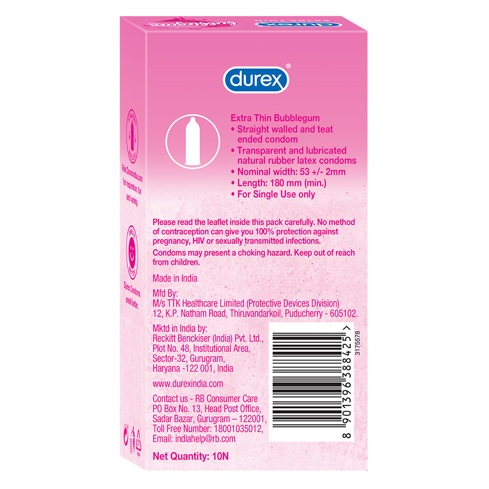 Durex Extra Thin Bubblegum Flavoured Condoms, 10 Count, Pack of 1 
