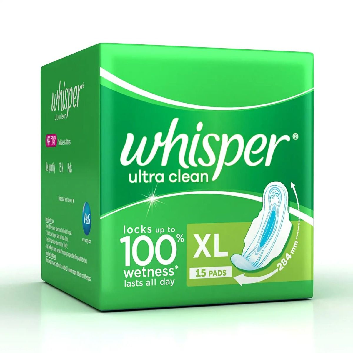 Whisper Ultra Clean Sanitary Pads XL, 15 Count Price, Uses, Side