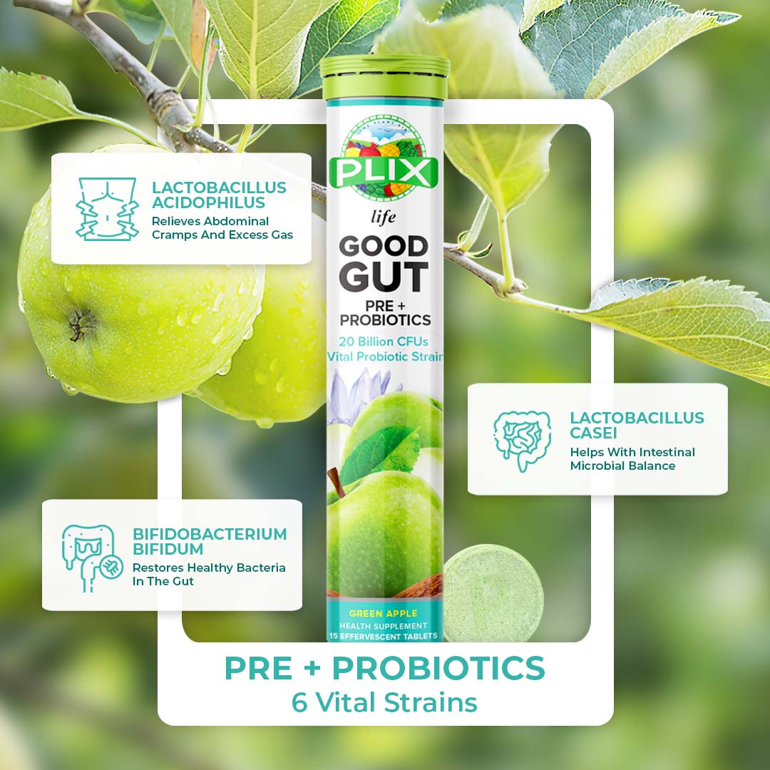 Plix Good Gut Pre + Probiotics Green Apple Flavour Effervescent, 15