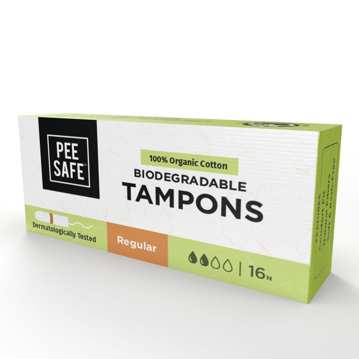 Pee Safe 100% Organic Cotton Biodegradable Regular Tampons, 16 Count, Pack of 1 