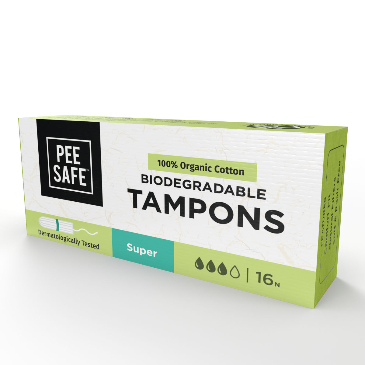 Pee Safe 100% Organic Cotton Biodegradable Super Tampons, 16 Count, Pack of 1 