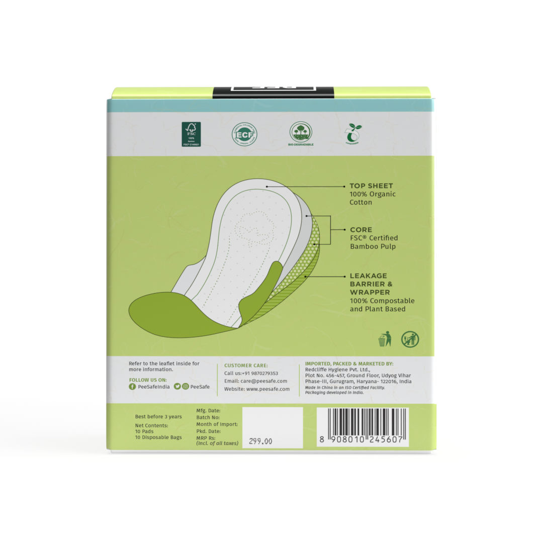 Pee Safe 100% Organic Cotton Biodegradable Overnight Sanitary Pads, 10 Count, Pack of 1 