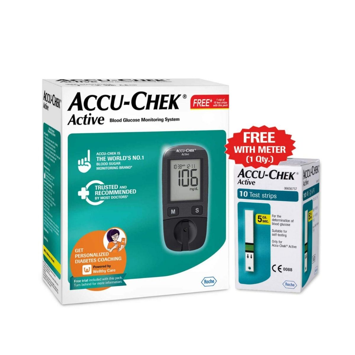 Accu-Chek Active Blood Glucose Monitoring System With 10 Free Test Strips, 1 Kit, Pack of 1 