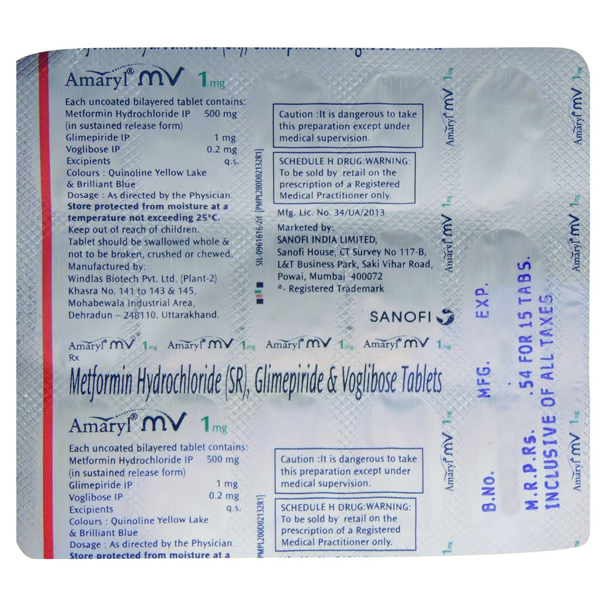 Amaryl MV 1 Tablet 15's, Pack of 15 TABLETS