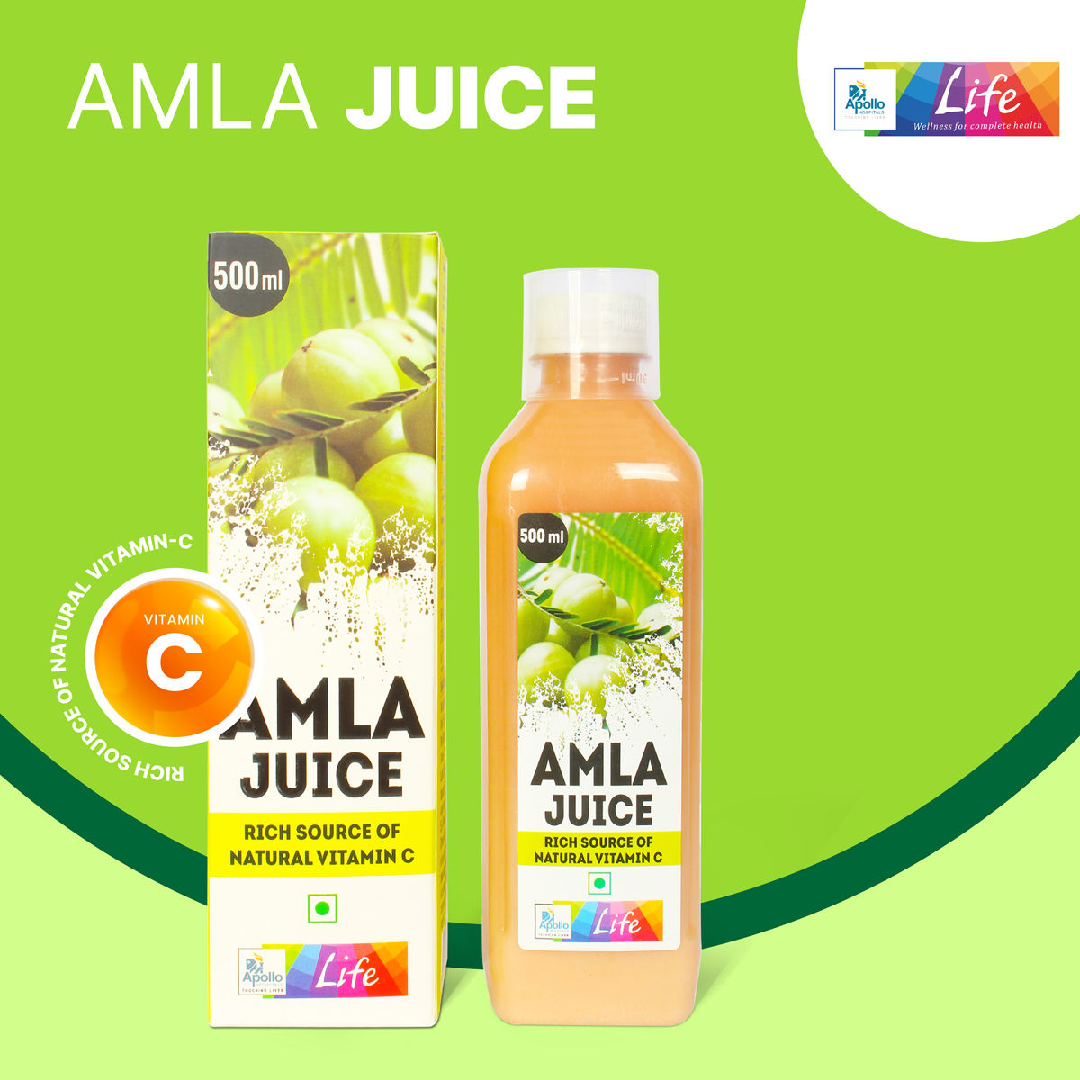 Apollo Life Natural Amla Juice, 500 ml, Pack of 1 