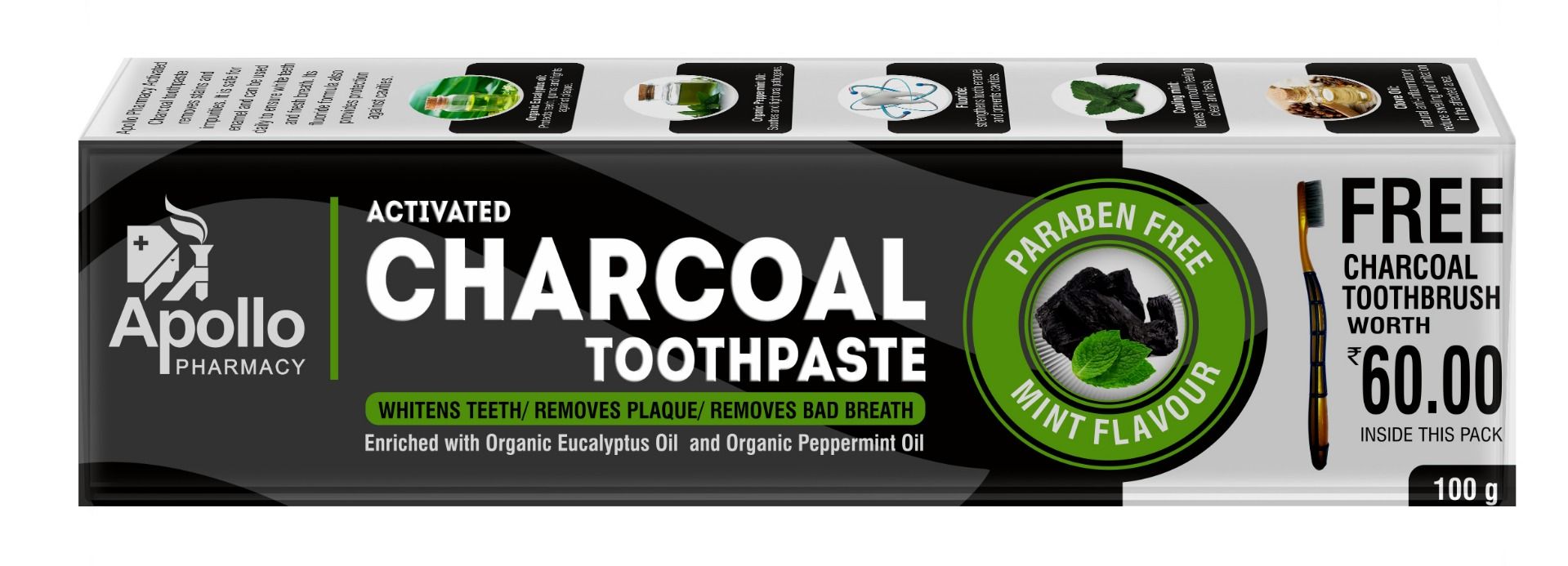 Buy Apollo Pharmacy Activated Charcoal Mint Flavour Toothpaste + 1 Toothbrush Free, 100 gm Online