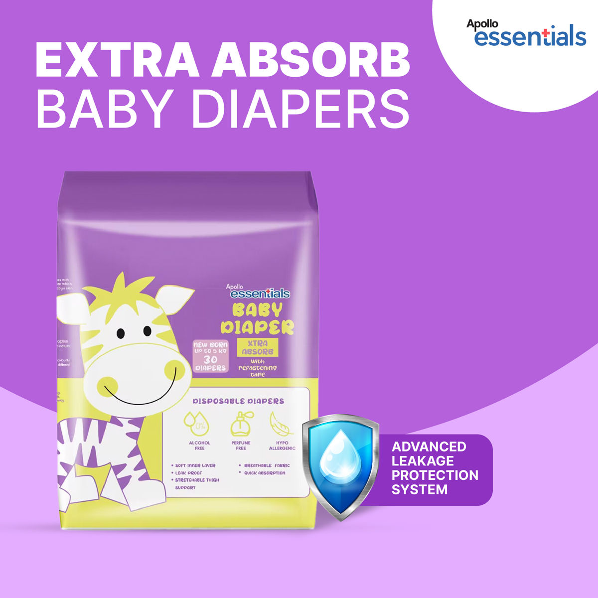 Apollo Essentials Extra Absorb Baby Diapers New Born, 30 Count Price