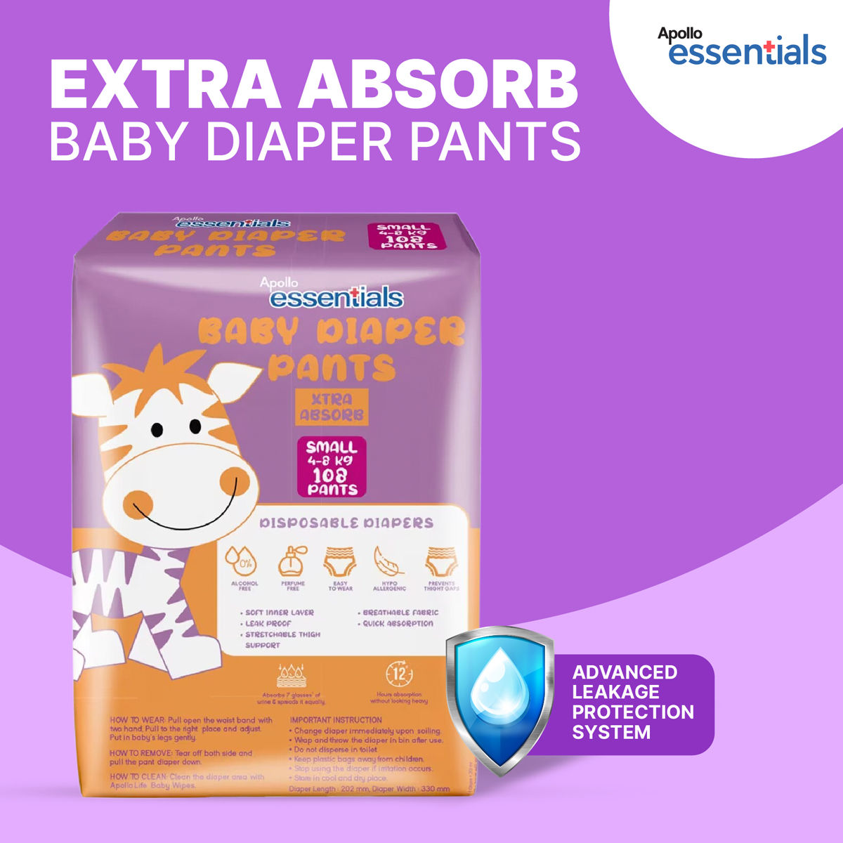 Apollo Essentials Extra Absorb Baby Diaper Pants Small, 108 Count Price